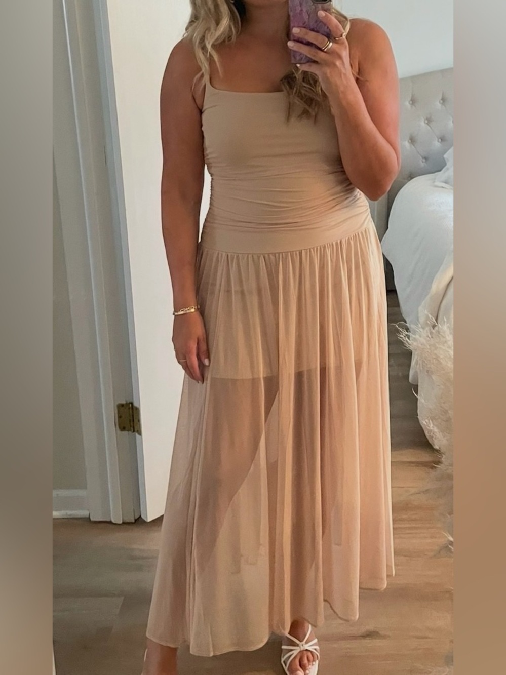Tan Midi Dress with Sheer skirt